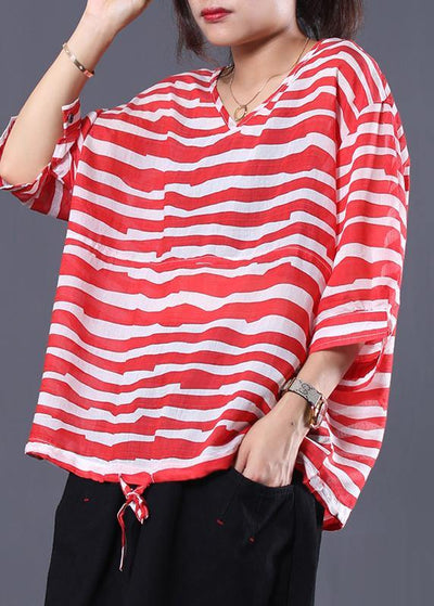 Handmade drawstring hem cotton tunics for women Sleeve red striped shirts summer - SooLinen