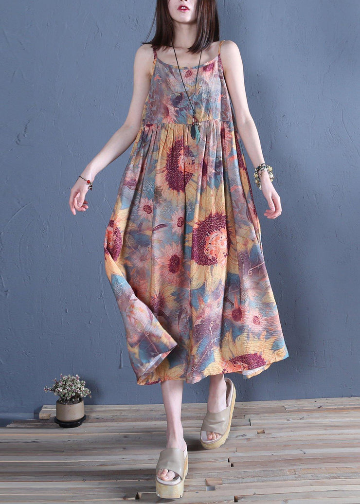 Handmade floral cotton Tunics Spaghetti Strap Cinched Traveling summer Dress - SooLinen