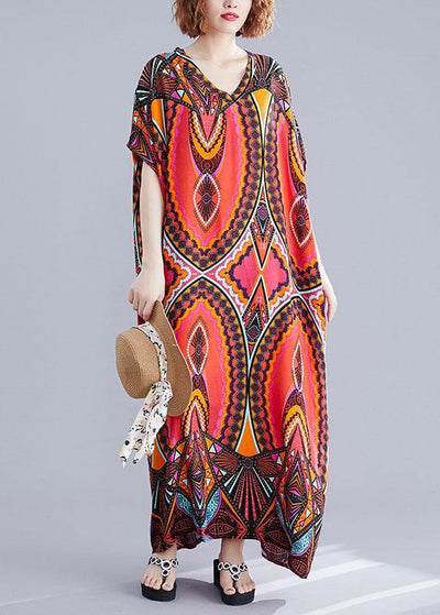 Handmade floral cotton tunic dress v neck Batwing Sleeve Traveling summer Dresses - SooLinen
