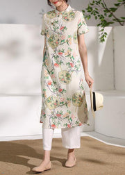Handmade floral linen Long Shirts stand collar Button Down Midi Dresses - SooLinen