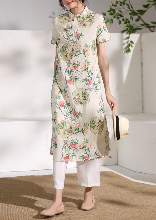Handmade floral linen Long Shirts stand collar Button Down Midi Dresses - SooLinen