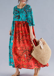 Handgefertigtes, geblümtes, weiches Sommerkleid aus Leinen mit O-Ausschnitt aus Patchwork-Baumwolle
