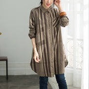 Handgemachte graue schokoladengestreifte Baumwollkleidung für Frauen plus Größenhemden Button-Down-Kniehemd