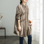 Handmade gray chocolate striped cotton clothes For Women plus size Shirts Button Down Knee shirt