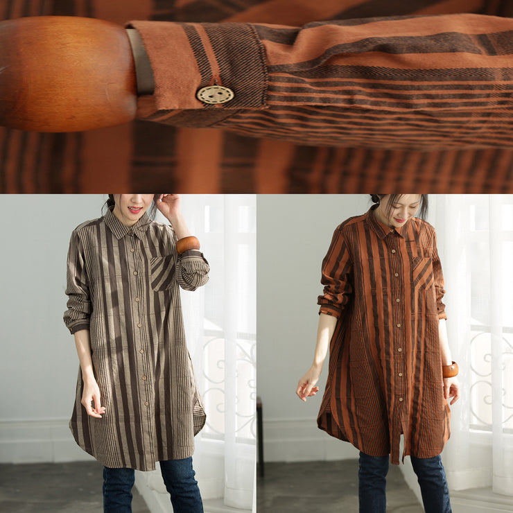 Handgemachte graue schokoladengestreifte Baumwollkleidung für Frauen plus Größenhemden Button-Down-Kniehemd