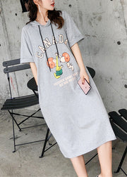 Handgefertigtes graues Baumwollkleid mit O-Ausschnitt, Kurzarm-Baumwollroben Sommerkleider