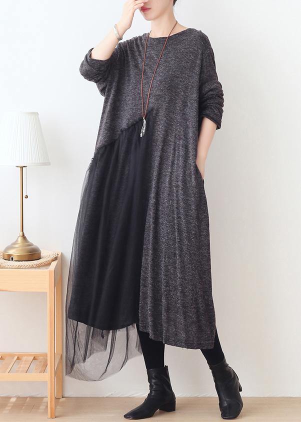 Handmade gray patchwork tulle clothes For Women o neck Dresses - SooLinen