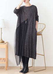 Handmade gray patchwork tulle clothes For Women o neck Dresses - SooLinen
