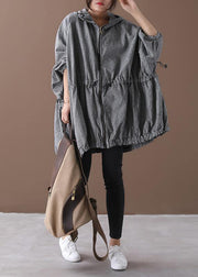 Handmade gray plaid Fashion coat Inspiration hooded drawstring coats - SooLinen
