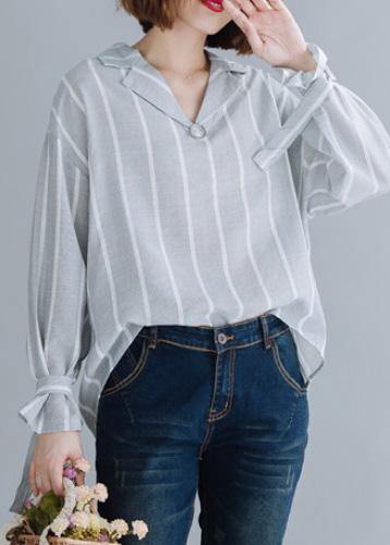 Handmade gray striped cotton Tunic lapel low high design Dresses fall blouses - SooLinen