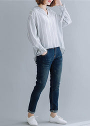 Handmade gray striped cotton Tunic lapel low high design Dresses fall blouses - SooLinen