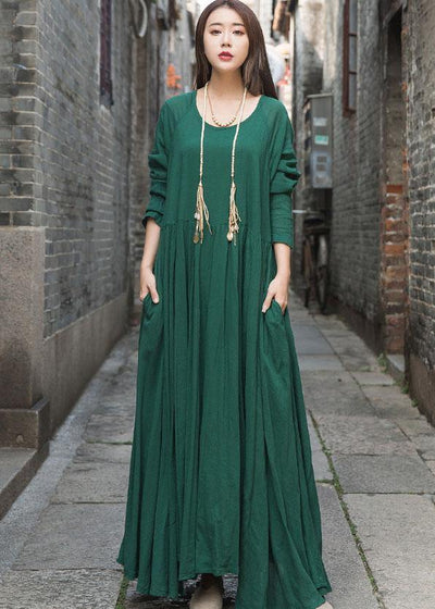 Handmade green cotton dresses long sleeve Maxi summer Dresses - SooLinen