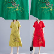 Handmade green embroidery linen Robes Chinese Button cotton summer Dresses - SooLinen
