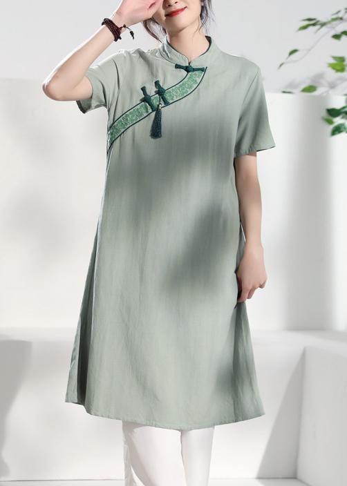 Handmade green embroidery linen dresses stand collar loose summer Dress - SooLinen