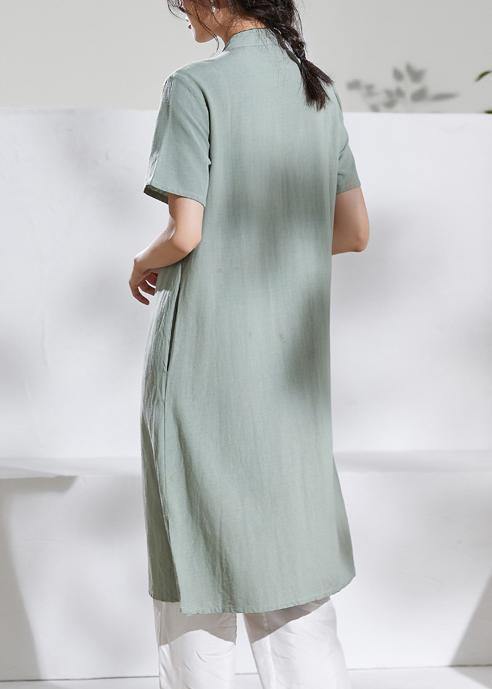 Handmade green embroidery linen dresses stand collar loose summer Dress - SooLinen