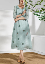 Handmade green linen clothes For Women o neck embroidery long  Dresses - SooLinen