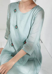 Handmade green linen clothes For Women o neck embroidery long  Dresses - SooLinen