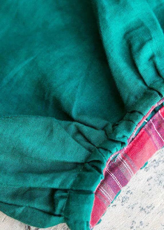 Handmade green patchwork Plaid cotton quilting dresses v neck lantern sleeve cotton robes summer Dress - SooLinen