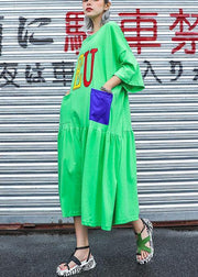 Handmade green print cotton Wardrobes o neck pockets long summer Dress - SooLinen