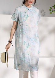 Handmade green print linen clothes stand collar tassel oversized summer Dresses - SooLinen