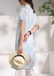 Handmade green print linen clothes stand collar tassel oversized summer Dresses - SooLinen