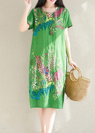 Handmade green prints linen cotton quilting clothes o neck tunic summer Dresses - SooLinen