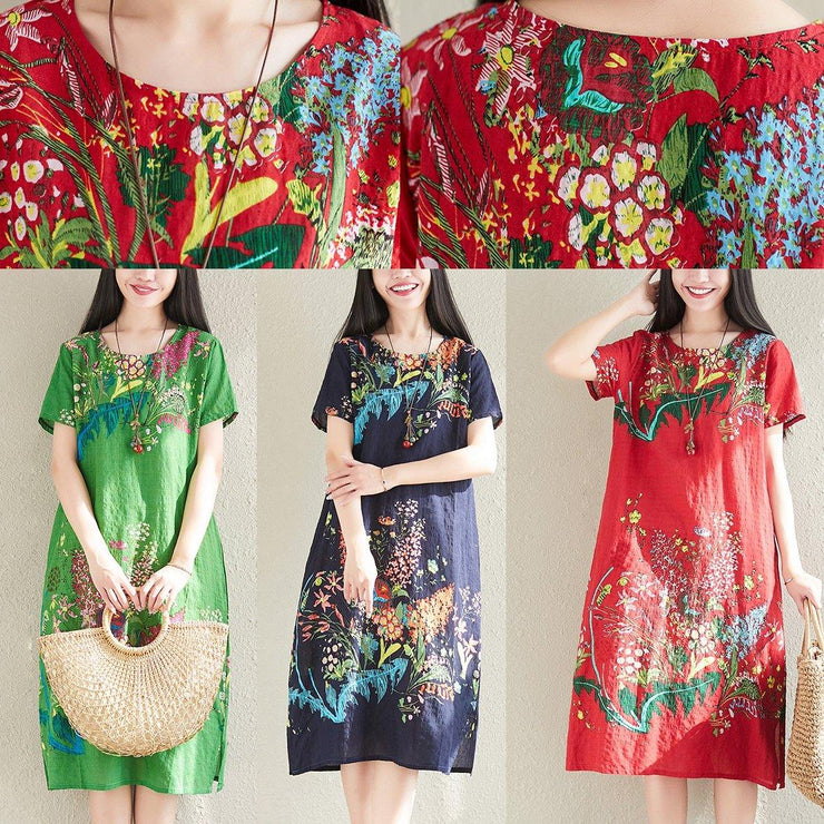 Handmade green prints linen cotton quilting clothes o neck tunic summer Dresses - SooLinen
