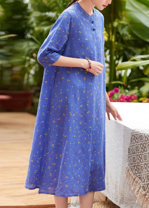 Handmade half sleeve o neck linen Wardrobes Outfits blue print Dress summer - SooLinen