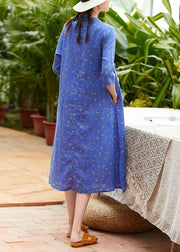 Handmade half sleeve o neck linen Wardrobes Outfits blue print Dress summer - SooLinen