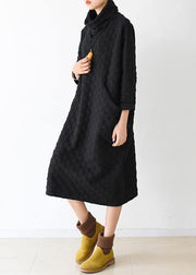 Handmade high neck fall dress pattern black dotted loose Dress - SooLinen