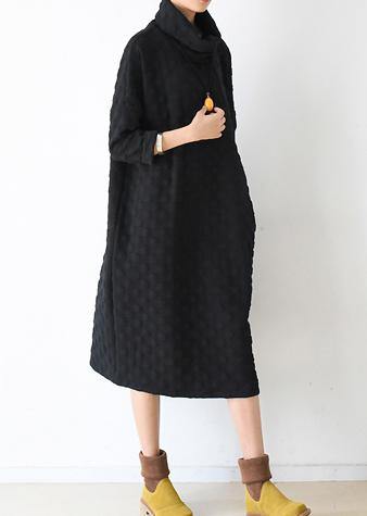 Handmade high neck fall dress pattern black dotted loose Dress - SooLinen