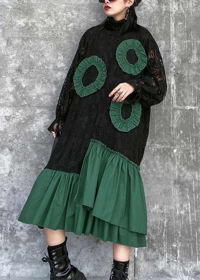 Handmade high neck patchwork cotton quilting clothes Wardrobes black A Line Dresses - SooLinen