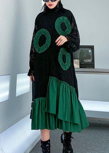 Handmade high neck patchwork cotton quilting clothes Wardrobes black A Line Dresses - SooLinen