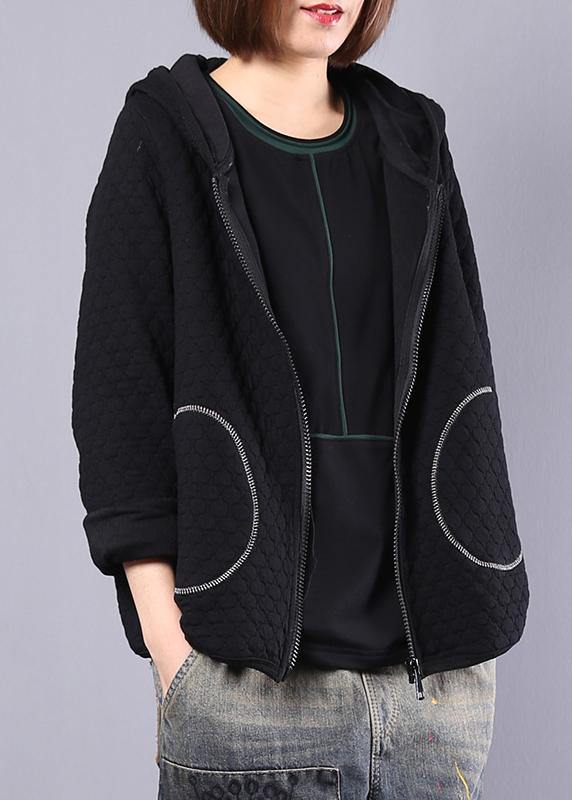 Handmade hooded cotton tops for women Photography black short coat fall - SooLinen