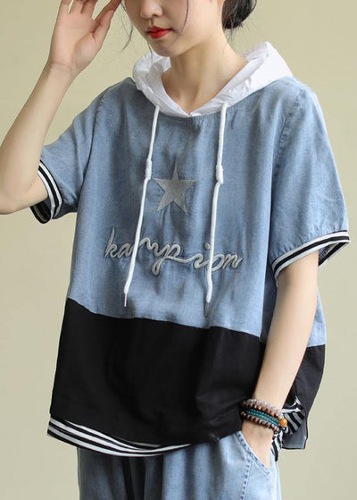 Handmade hooded patchwork cotton blouses for women Shape black tops - SooLinen
