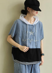 Handmade hooded patchwork cotton blouses for women Shape black tops - SooLinen