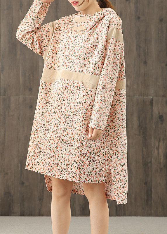 Handmade hooded patchwork dress Sleeve nude print Dresses - SooLinen