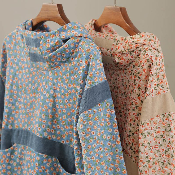 Handmade hooded patchwork dress Sleeve nude print Dresses - SooLinen