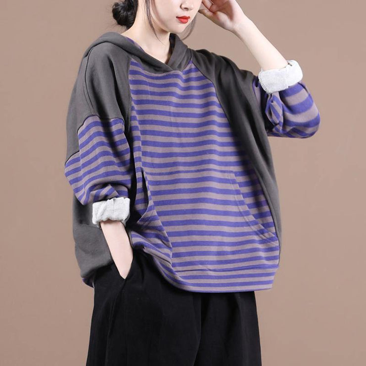 Handmade hooded patchwork shirts women Work purple striped shirt - SooLinen