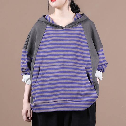 Handmade hooded patchwork shirts women Work purple striped shirt - SooLinen