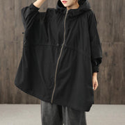 Handmade hooded zippered tops women blouses Work black shirt - SooLinen
