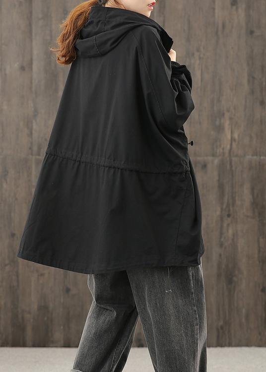Handmade hooded zippered tops women blouses Work black shirt - SooLinen