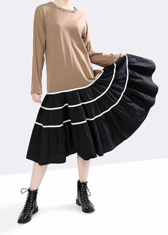 Handmade khaki cotton clothes For Women patchwork loose ruffles Dresses - SooLinen