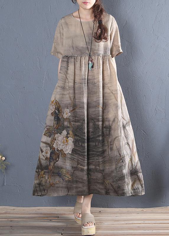 Handmade khaki print cotton dress o neck short sleeve Dresses summer Dress - SooLinen