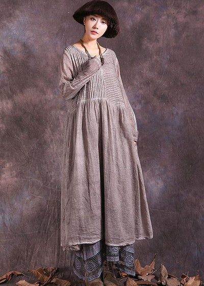 Handmade khaki Cinched cotton linen quilting clothes long sleeve long summer Dress - SooLinen