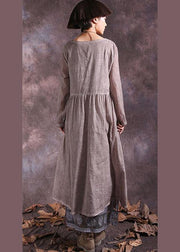 Handmade khaki Cinched cotton linen quilting clothes long sleeve long summer Dress - SooLinen