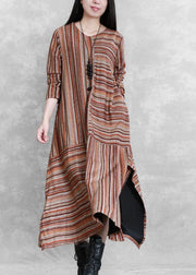Handmade khaki yellow striped cotton linen quilting clothes side open cotton patchwork Dresses - SooLinen