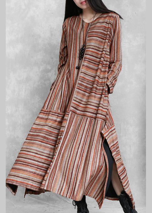 Handmade khaki yellow striped cotton linen quilting clothes side open cotton patchwork Dresses - SooLinen