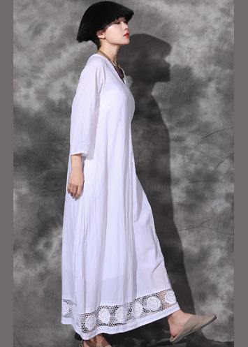 Handmade lace hem cotton dresses linen white v neck Dresses summer - SooLinen