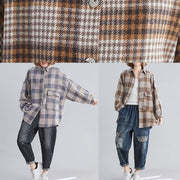 Handmade lapel Batwing Sleeve linen Long Shirts khaki plaid Knee top - SooLinen
